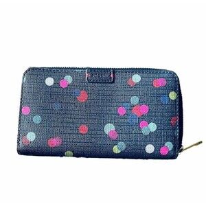 Fossil Emma tab clutch wallet navy blue with polka dots 8”X4”